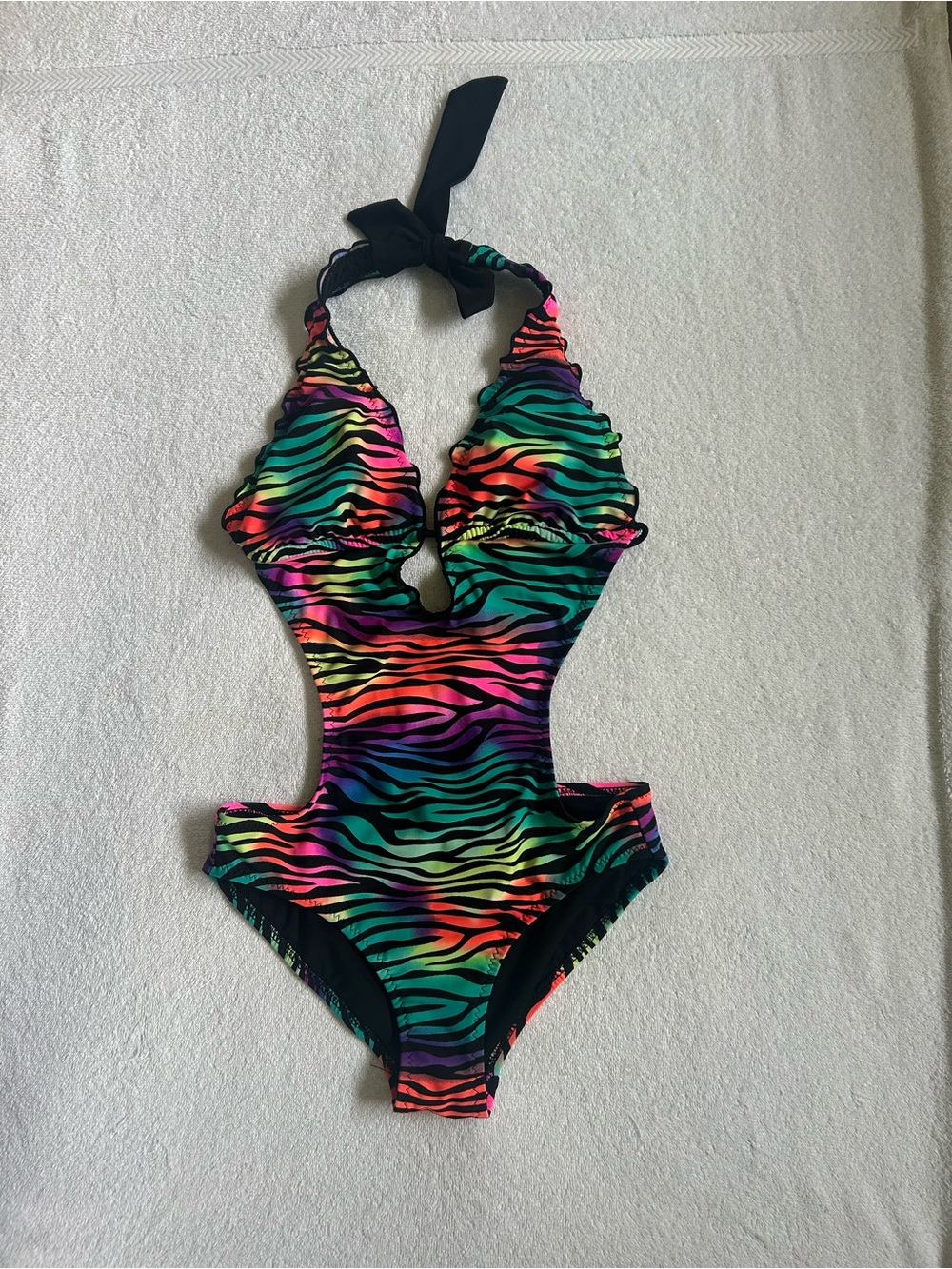 OP Ocean Pacific Neon Rainbow Zebra Halter Cutout One-Piece Swimsuit